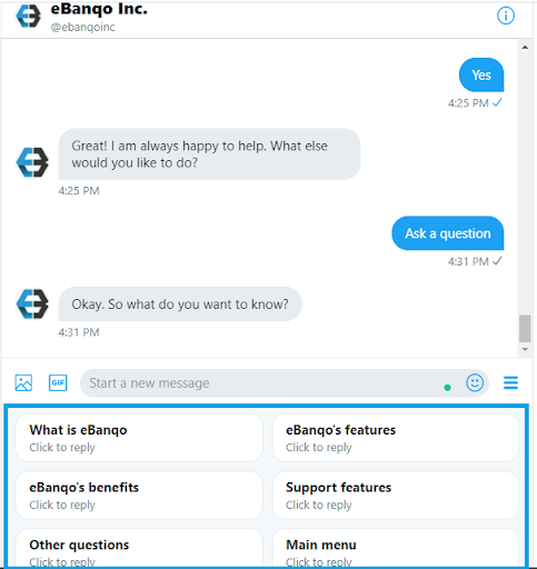 An example of a welcome message from a Twitter chatbot